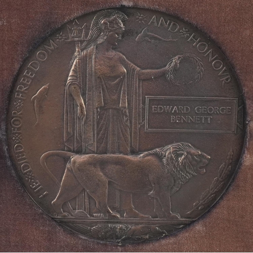 2537 - British military World War I death plaque awarded to Edward George Bennett housed in a glazed frame