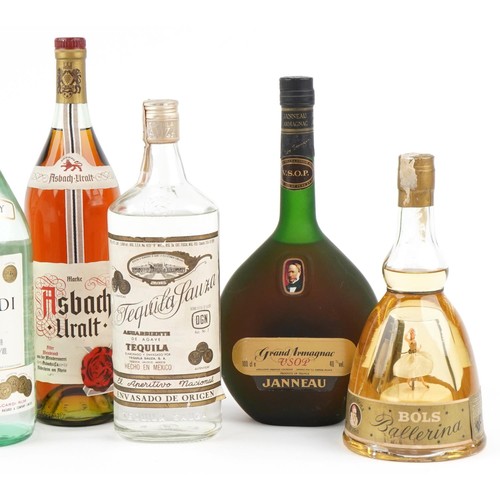 602 - Eight bottles of alcohol including Bacardi, Tequila, Bols liqueur and Grand Armagnac