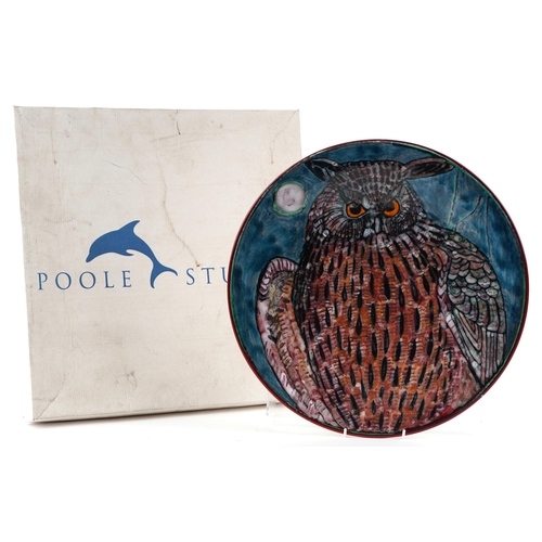 503 - Large Poole pottery charger by Tony Morris hand painted with an owl, with box, 41.5cm in diameter