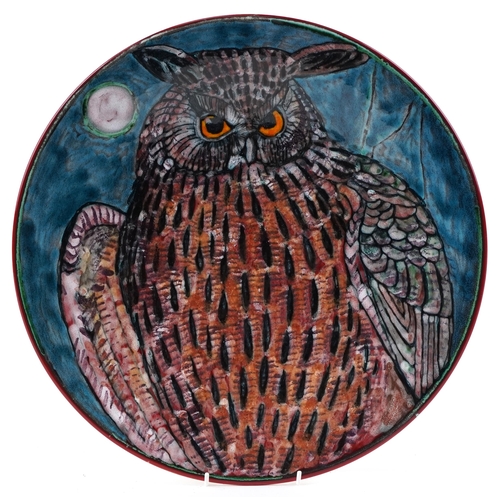 503 - Large Poole pottery charger by Tony Morris hand painted with an owl, with box, 41.5cm in diameter