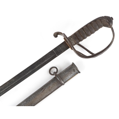 2731 - Victorian British military Sherlock & Co steel bladed sword with scabbard and shagreen grip, 99cm in... 