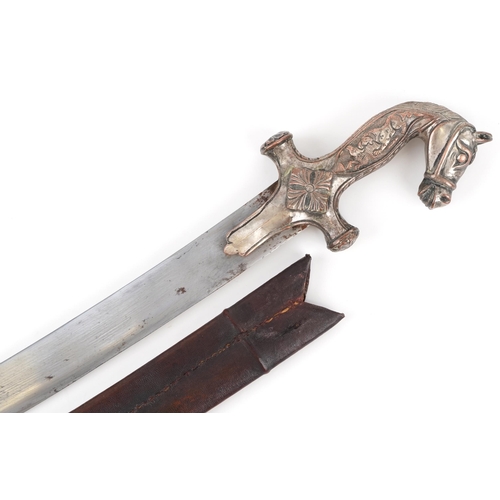 2733 - Middle Eastern military Tribesman Cavalry sabre and scabbard with horsehead grip, 87cm in length