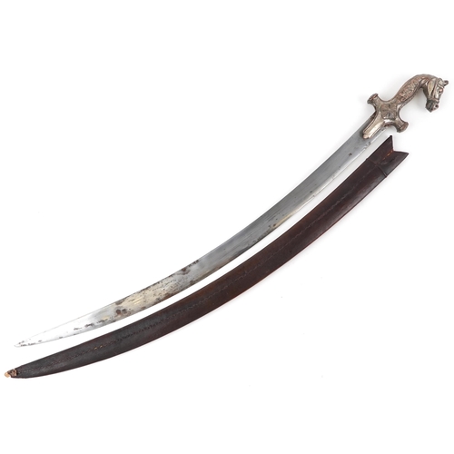 2733 - Middle Eastern military Tribesman Cavalry sabre and scabbard with horsehead grip, 87cm in length