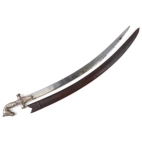 2733 - Middle Eastern military Tribesman Cavalry sabre and scabbard with horsehead grip, 87cm in length