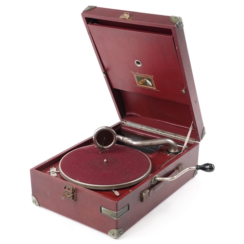 Vintage His Master's Voice burgundy portable gramophone, 41cm in length