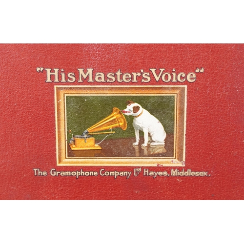  Vintage His Master's Voice burgundy portable gramophone, 41cm in length