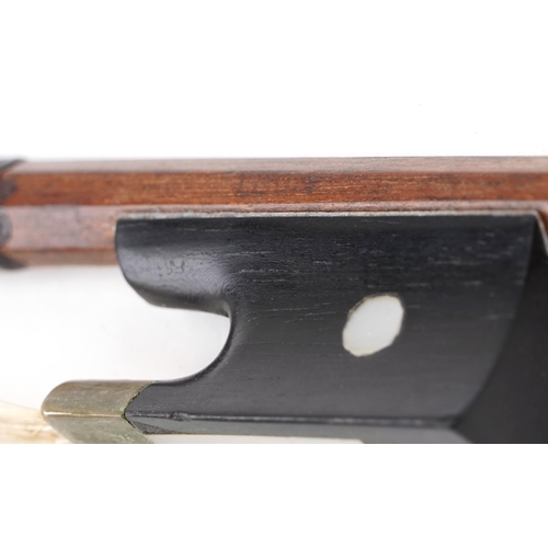 625 - Antique wooden violin bow with mother of pearl inlay, impressed Louis, 73.5cm in length