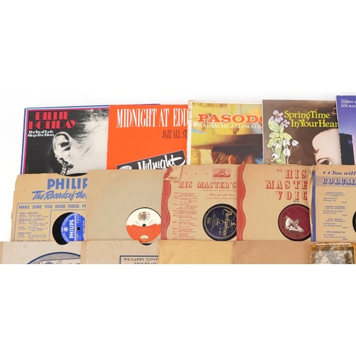 636 - Vinyl LP records and 45rpm records including Billie Holiday, Bob Dylan, Nat King Cole and Frank Sina... 