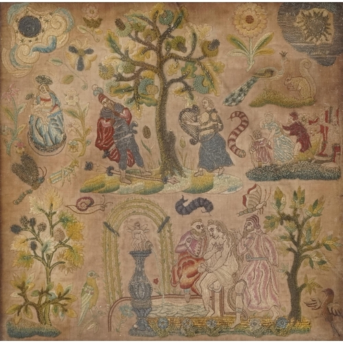  A good Charles II stump work embroidered panel, late 17th century, depicting figures, foliage and an... 