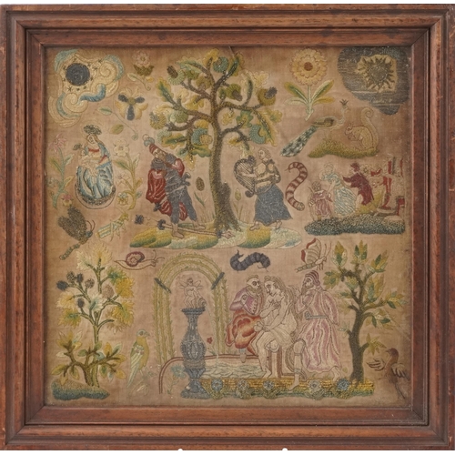  A good Charles II stump work embroidered panel, late 17th century, depicting figures, foliage and an... 