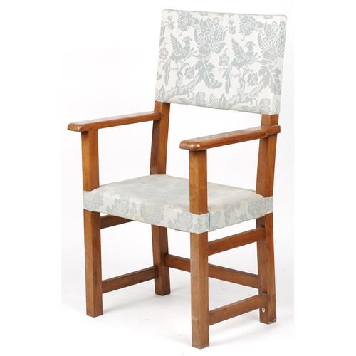 639 - Arts & Crafts lightwood framed open armchair with bird of paradise upholstery, 118cm high