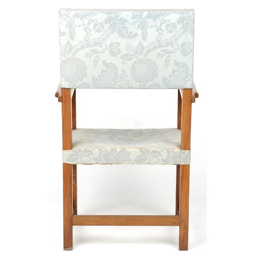 639 - Arts & Crafts lightwood framed open armchair with bird of paradise upholstery, 118cm high