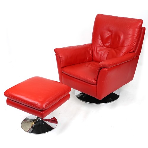 735 - Modern red leather revolving armchair with matching footstool, both on chromium plated circular base... 