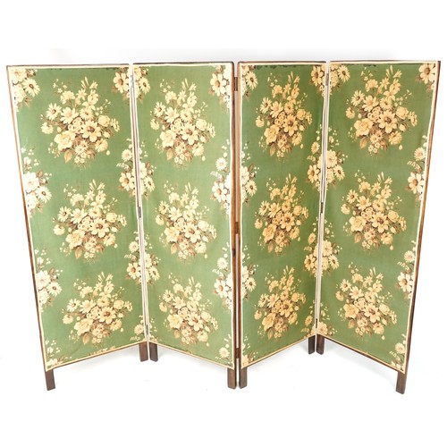 736 - George V beech framed four fold screen with inset fabric panels, 75cm high x 240cm wide