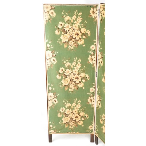 736 - George V beech framed four fold screen with inset fabric panels, 75cm high x 240cm wide