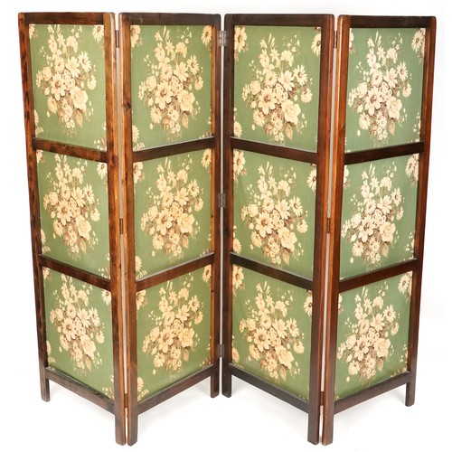 736 - George V beech framed four fold screen with inset fabric panels, 75cm high x 240cm wide