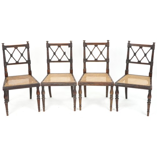 563 - Set of four early 19th century mahogany framed dining chairs with lattice backs above cane seats rai... 