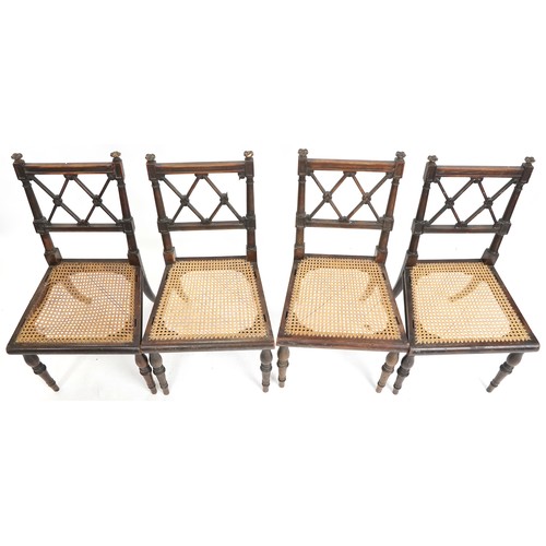 563 - Set of four early 19th century mahogany framed dining chairs with lattice backs above cane seats rai... 