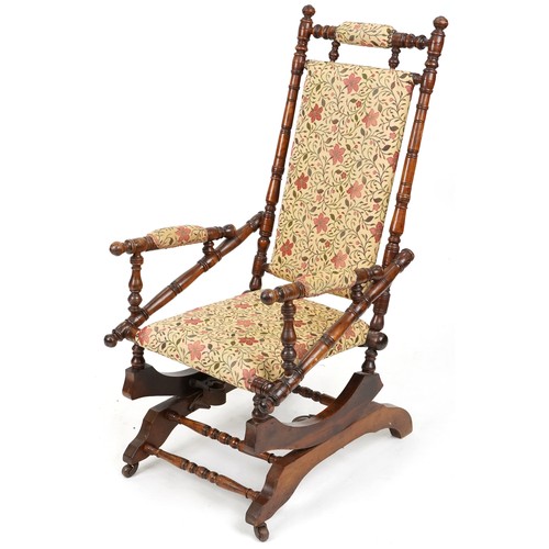 725 - Early 20th century mahogany framed rocking chair with upholstered seat, back and arms, 108cm H x 54c... 