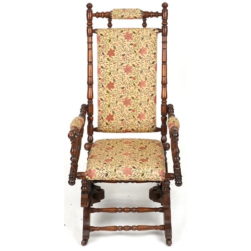 725 - Early 20th century mahogany framed rocking chair with upholstered seat, back and arms, 108cm H x 54c... 