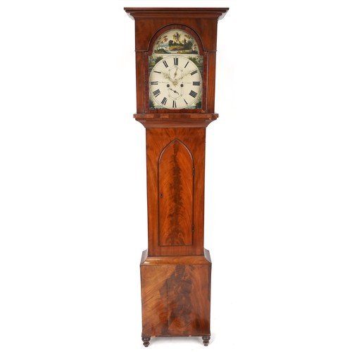 740 - Late George III figured mahogany longcase clock with eight day movement striking on a bell, the pain... 