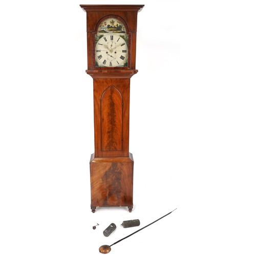 740 - Late George III figured mahogany longcase clock with eight day movement striking on a bell, the pain... 