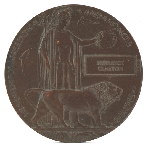 2540 - British military World War I death plaque awarded to Frederick Claxton