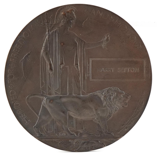 2544 - British military World War I death plaque awarded to Harry Sefton