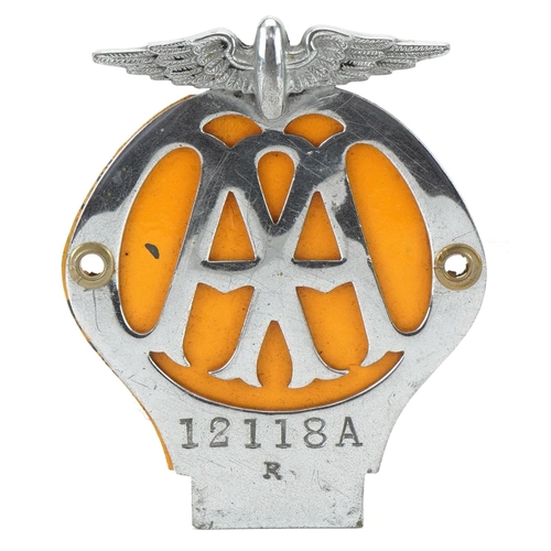 2464 - AA car radiator badge numbered 12118A, 9cm high