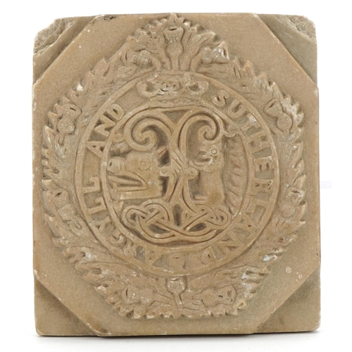 2677 - Military interest carved soapstone Argyll & Sutherland plaque, 11.5cm x 10.5cm