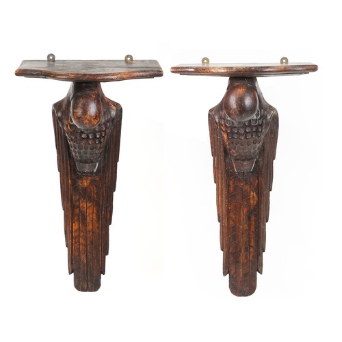 573 - Pair of Arts & Crafts carved walnut wall brackets in the form of birds, 65cm H x 34cm W x 23cm D