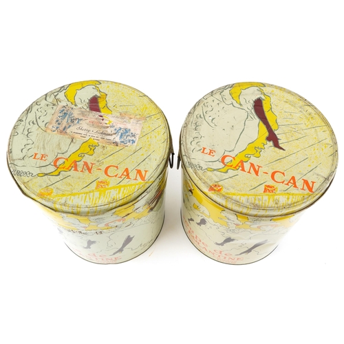 2426 - Two shipping interest Cunard luggage tins decorated with cancan dancers, 36cm high