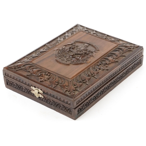 285 - 20th century Indonesian carved softwood cigar box with military coat of arms, 88cm H x 24cm W x 33cm... 