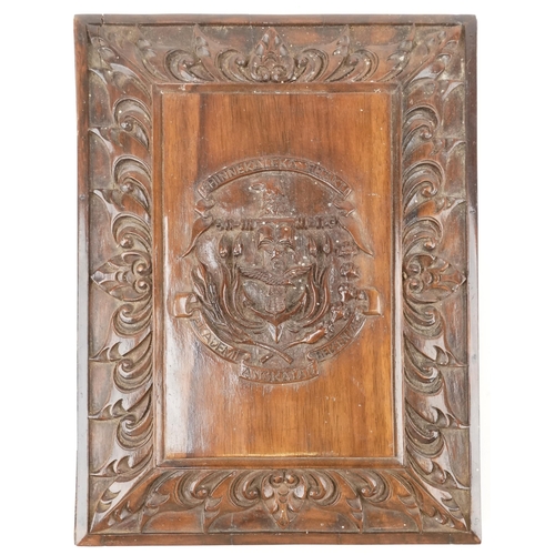 285 - 20th century Indonesian carved softwood cigar box with military coat of arms, 88cm H x 24cm W x 33cm... 