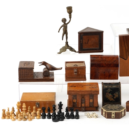 1127 - Small collection of novelty carved wooden cigarette dispensers, boxes and a chess set