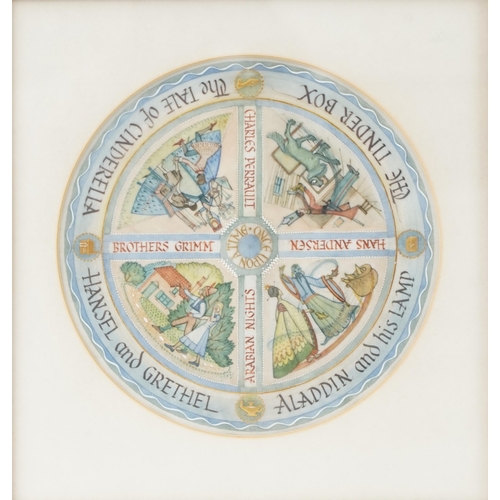 3444 - 20th century watercolour on paper roundel depicting Hansel & Gretel, Aladdin and his Lamp, The Tinde... 