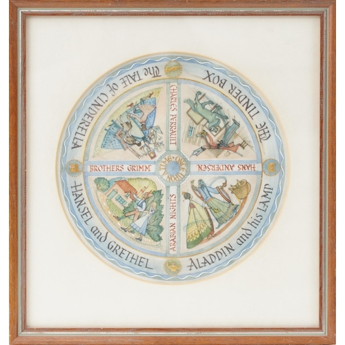 3444 - 20th century watercolour on paper roundel depicting Hansel & Gretel, Aladdin and his Lamp, The Tinde... 