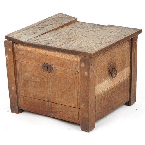 719 - Late 19th century Arts & Crafts small oak coffer with carved decoration, 40cm H x 51cm W x 47cm D