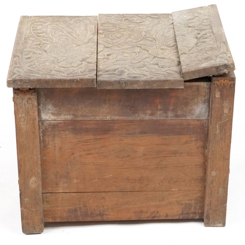 719 - Late 19th century Arts & Crafts small oak coffer with carved decoration, 40cm H x 51cm W x 47cm D