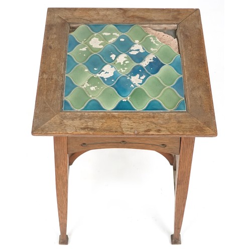 723 - Early 20th century Arts & Crafts oak tile top square occasional table on tapering legs, 73cm H x 46c... 