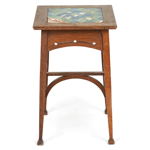 723 - Early 20th century Arts & Crafts oak tile top square occasional table on tapering legs, 73cm H x 46c... 