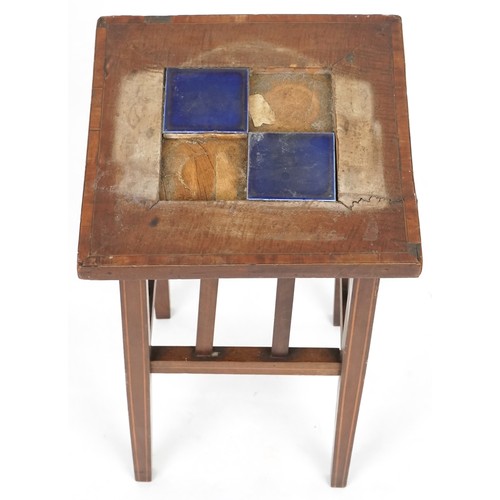 724 - Early 20th century mahogany and boxwood line inlaid tile top table, 45cm H x 29cm W x 29cm D