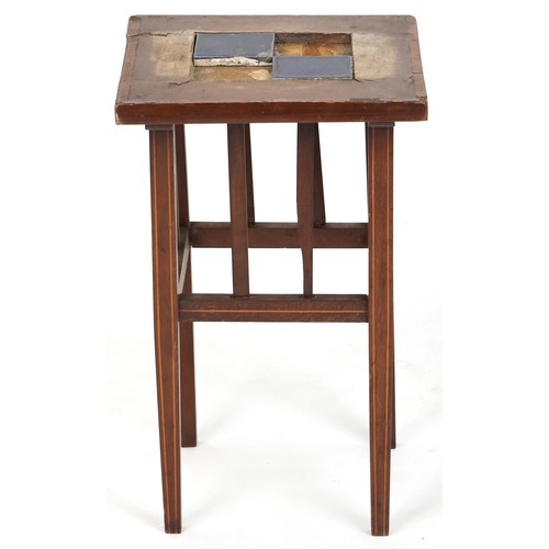 724 - Early 20th century mahogany and boxwood line inlaid tile top table, 45cm H x 29cm W x 29cm D