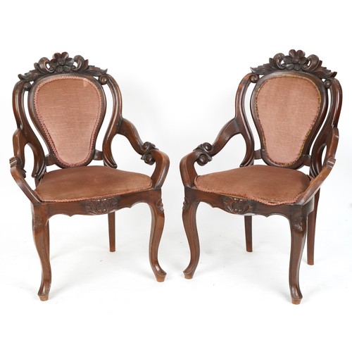 727 - Pair of early 20th century French mahogany salon armchairs with carved decoration, 90cm H x 66cm W x... 