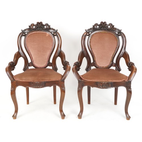 727 - Pair of early 20th century French mahogany salon armchairs with carved decoration, 90cm H x 66cm W x... 