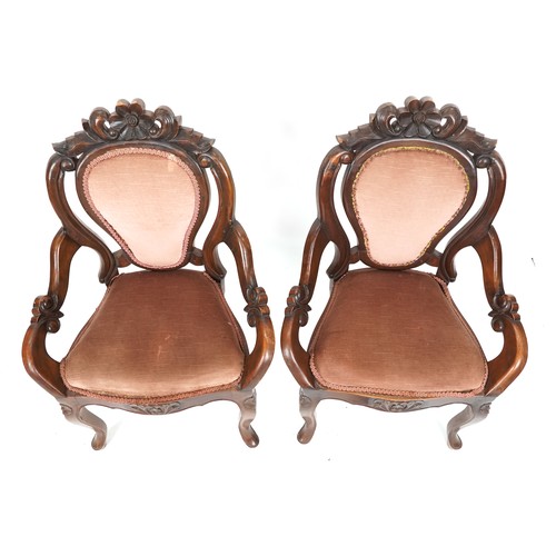 727 - Pair of early 20th century French mahogany salon armchairs with carved decoration, 90cm H x 66cm W x... 