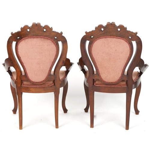 727 - Pair of early 20th century French mahogany salon armchairs with carved decoration, 90cm H x 66cm W x... 