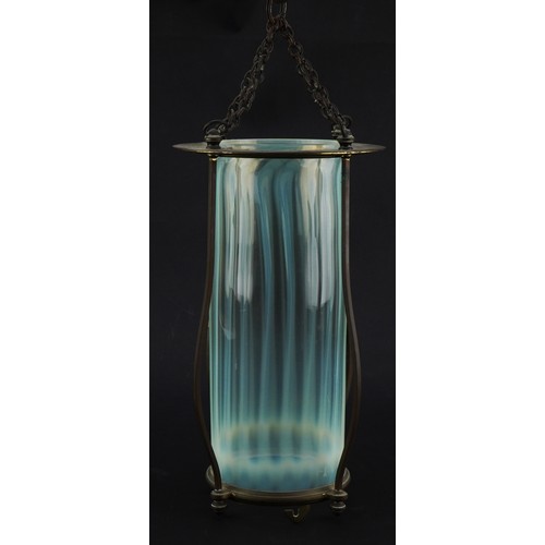 89 - Arts and Crafts brass and Vaseline glass hall lantern, 32cm high