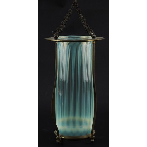 89 - Arts and Crafts brass and Vaseline glass hall lantern, 32cm high