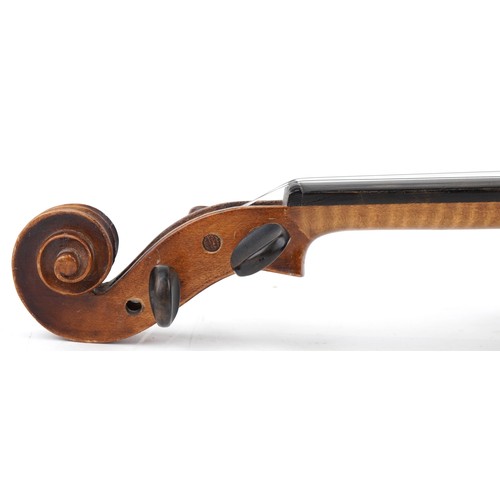 1433 - Old wooden violin and bow bearing a Stradivarius paper label to the interior, the violin back 16 1/4... 